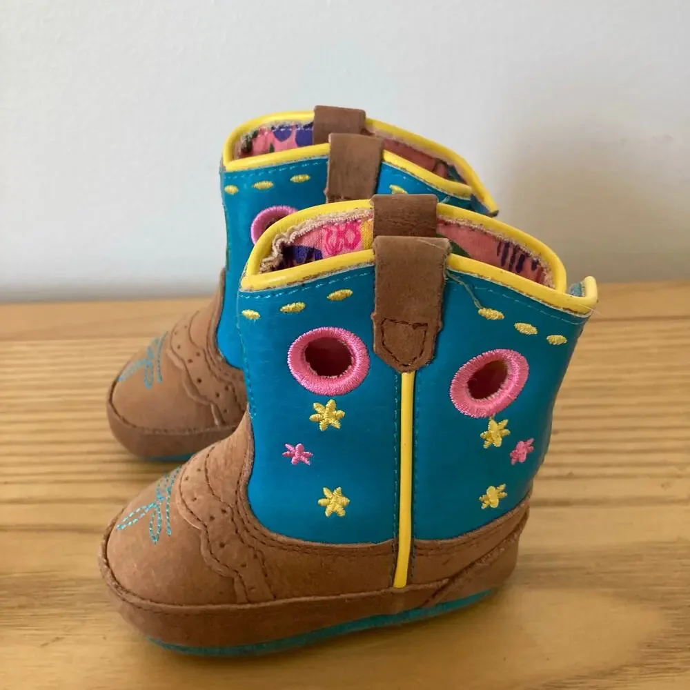 John Deere Infant Baby 1M Girls Leather Crib Boots Blue Floral Pink Soft Soles